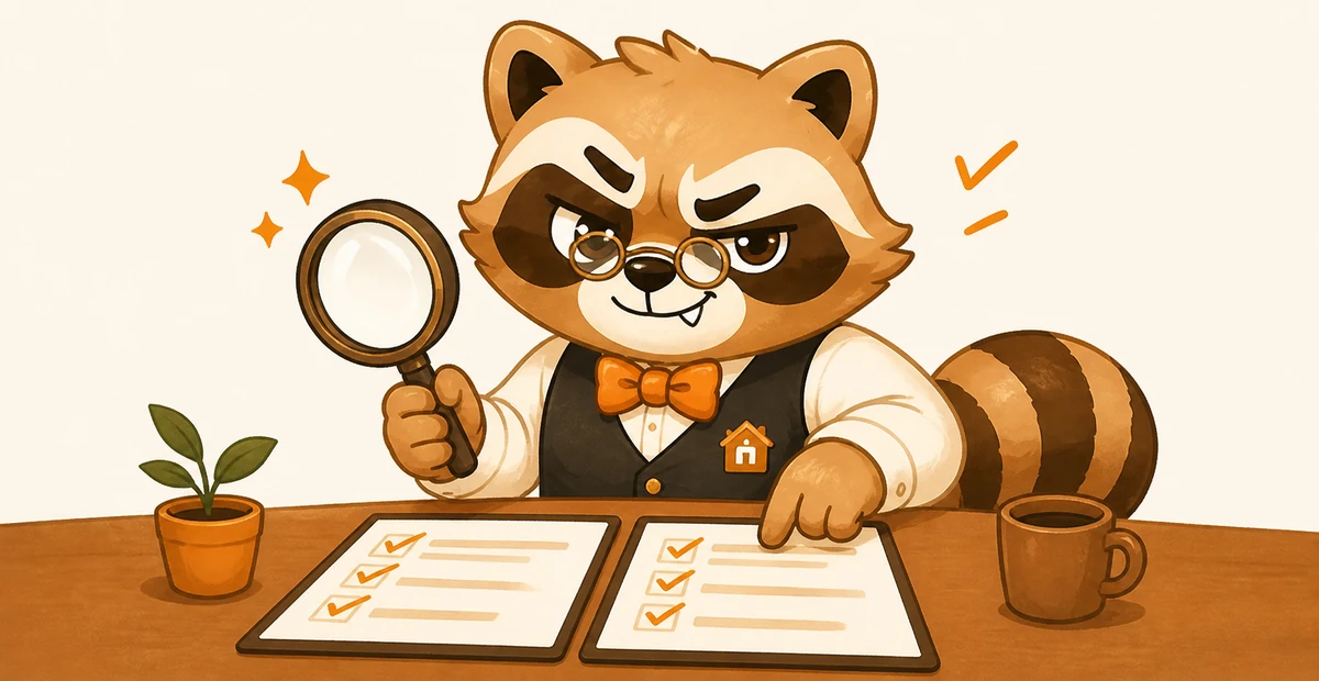 小房狸戴著眼鏡，拿放大鏡比對桌上的兩張功能清單
